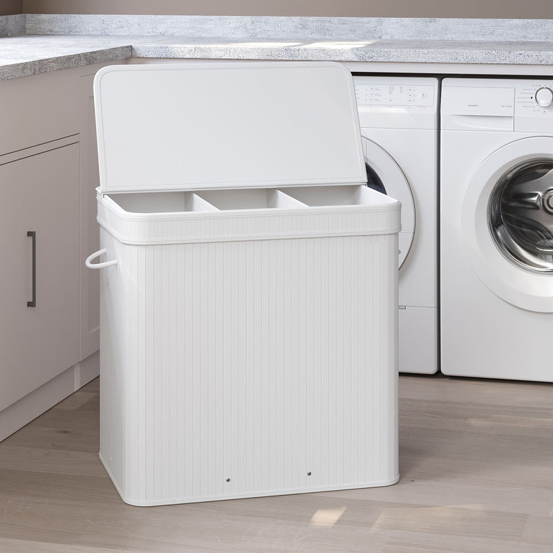 Bamboo Triple Laundry Sorter with Lid and Removable Liner for Bathroom or Bedroom by Songmics