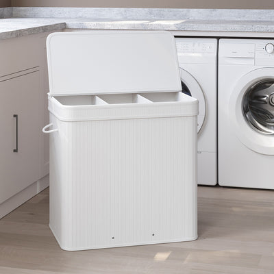 Bamboo Triple Laundry Sorter with Lid and Removable Liner for Bathroom or Bedroom by Songmics