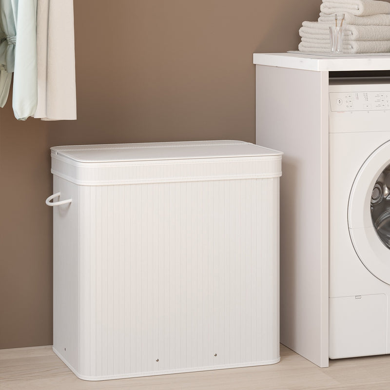 Bamboo Triple Laundry Sorter with Lid and Removable Liner for Bathroom or Bedroom by Songmics