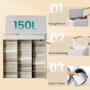 Bamboo Triple Laundry Sorter with Lid and Removable Liner for Bathroom or Bedroom by Songmics
