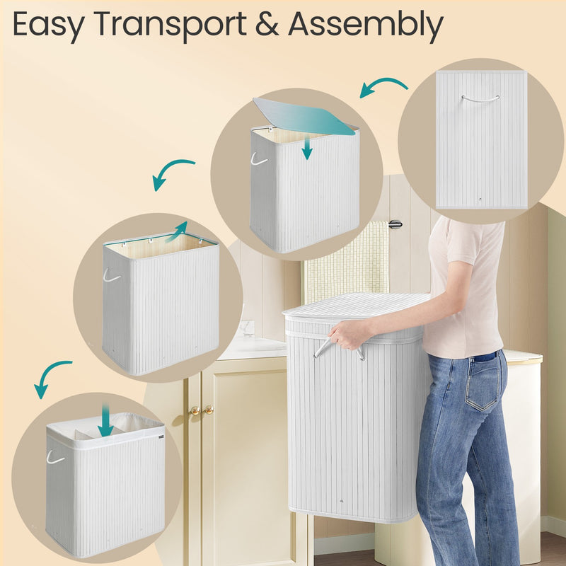 Bamboo Triple Laundry Sorter with Lid and Removable Liner for Bathroom or Bedroom by Songmics