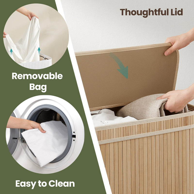 Bamboo Laundry Hamper with Lid and Removable Liner for Bathroom or Bedroom by Songmics