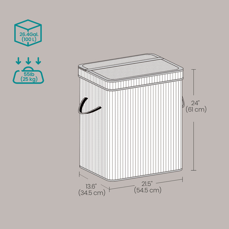 Bamboo Laundry Hamper with Lid and Removable Liner for Bedroom or Bathroom by Songmics
