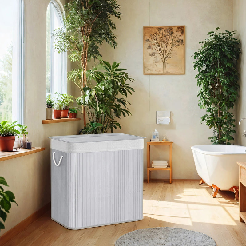 Grey Bamboo Triple Laundry Sorter with Lid 150L Large Capacity Hamper by Songmics