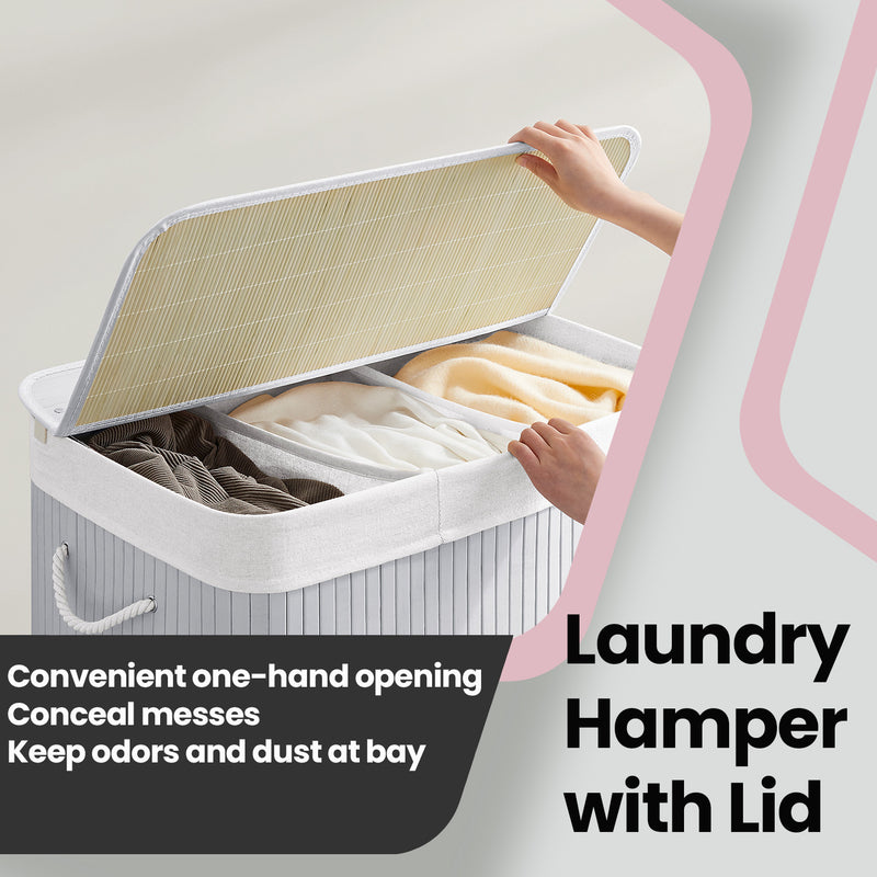 Grey Bamboo Triple Laundry Sorter with Lid 150L Large Capacity Hamper by Songmics