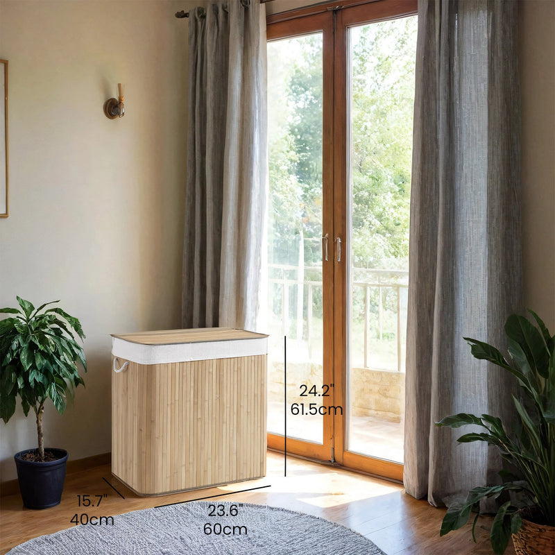3 Section 150L Bamboo Laundry Basket with Lid and Compartments for Sorting by Songmics
