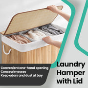 3 Section 150L Bamboo Laundry Basket with Lid and Compartments for Sorting by Songmics