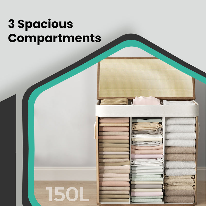 3 Section 150L Bamboo Laundry Basket with Lid and Compartments for Sorting by Songmics