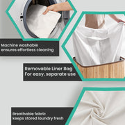 3 Section 150L Bamboo Laundry Basket with Lid and Compartments for Sorting by Songmics