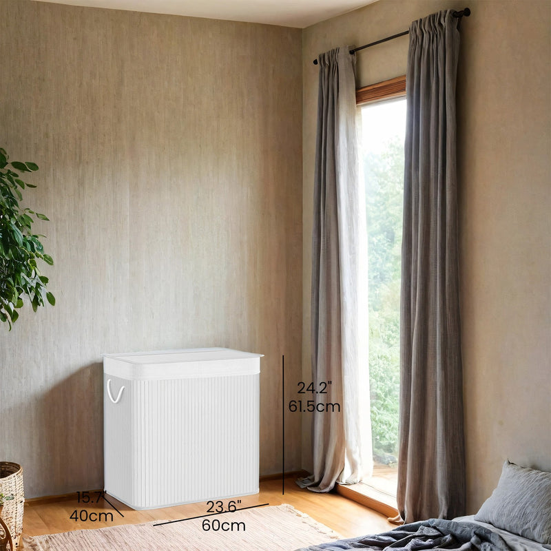 White 150L Bamboo Laundry Hamper with Lid and 3 Sections for Sorting Clothes by Songmics