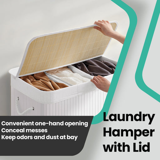 White 150L Bamboo Laundry Hamper with Lid and 3 Sections for Sorting Clothes by Songmics