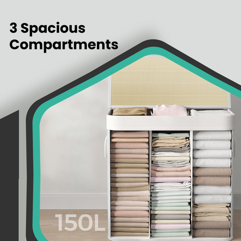 White 150L Bamboo Laundry Hamper with Lid and 3 Sections for Sorting Clothes by Songmics