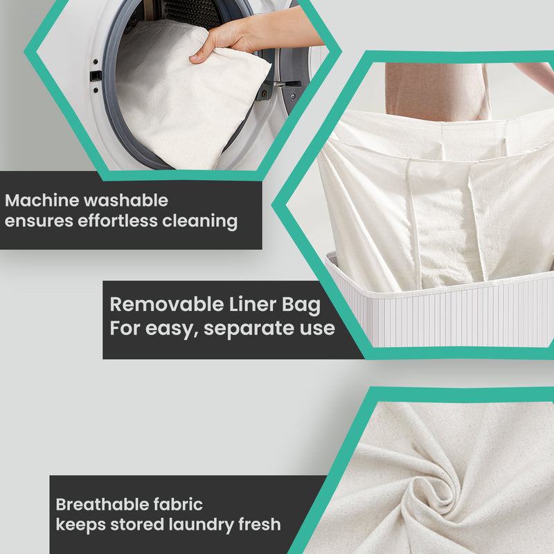 White 150L Bamboo Laundry Hamper with Lid and 3 Sections for Sorting Clothes by Songmics