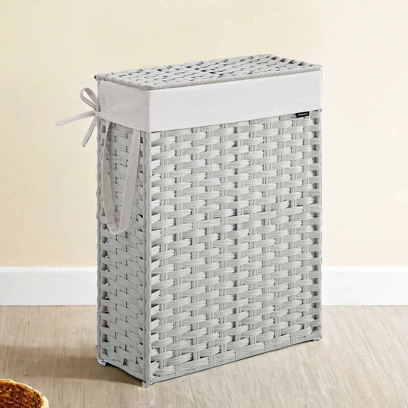 White Foldable Laundry Hamper with Lid and Removable Liner Woven Rattan Design by Songmics