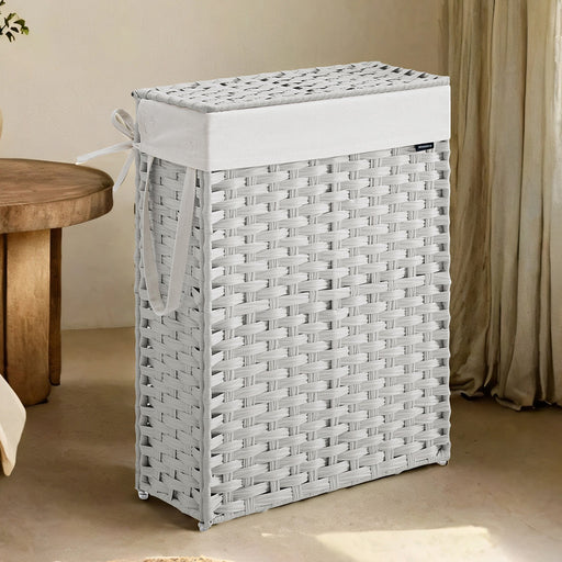 White Foldable Laundry Hamper with Lid and Removable Liner Woven Rattan Design by Songmics
