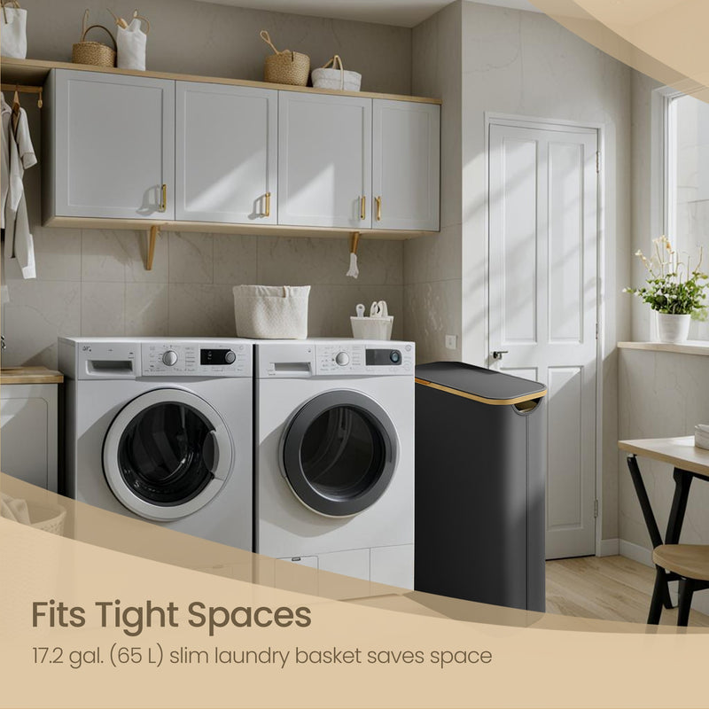 Slim 65L Laundry Basket with Lid Space Saving Hamper for Bathroom or Bedroom by Songmics