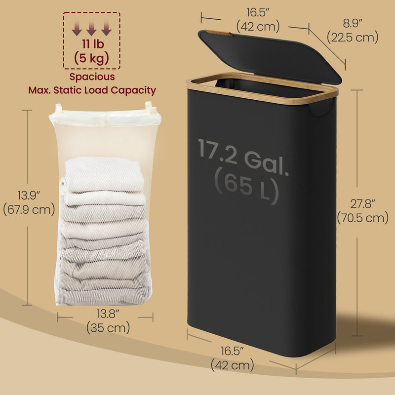 Slim 65L Laundry Basket with Lid Space Saving Hamper for Bathroom or Bedroom by Songmics