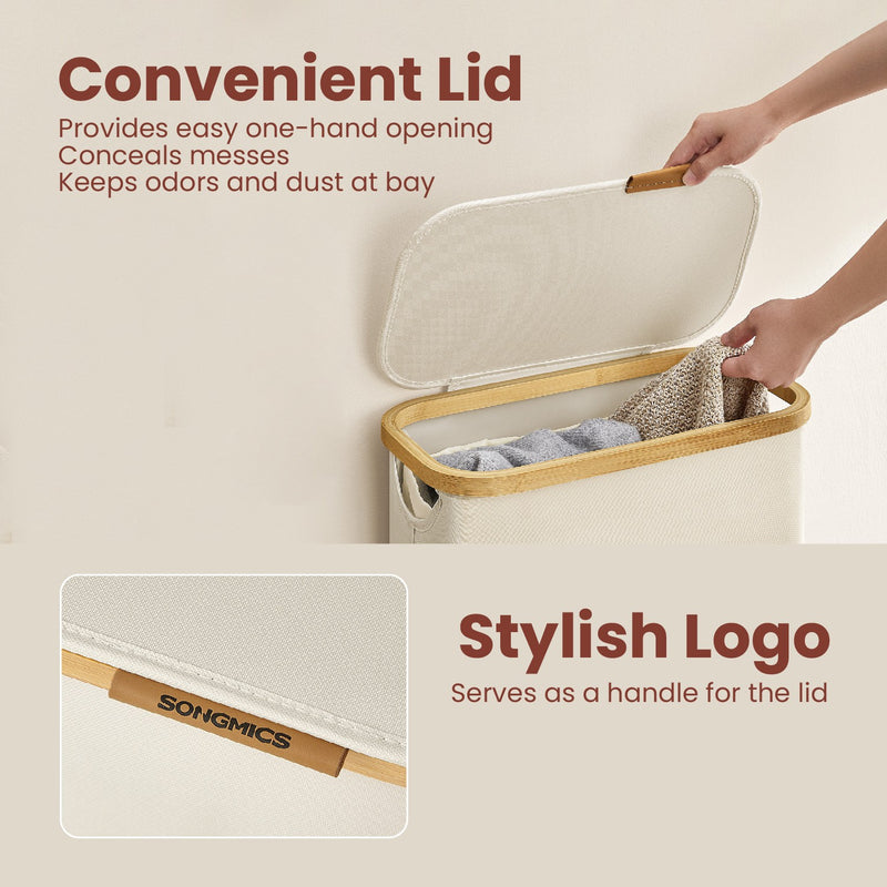 Slim 65L Laundry Basket with Lid Space Saving Hamper for Bathroom or Bedroom by Songmics