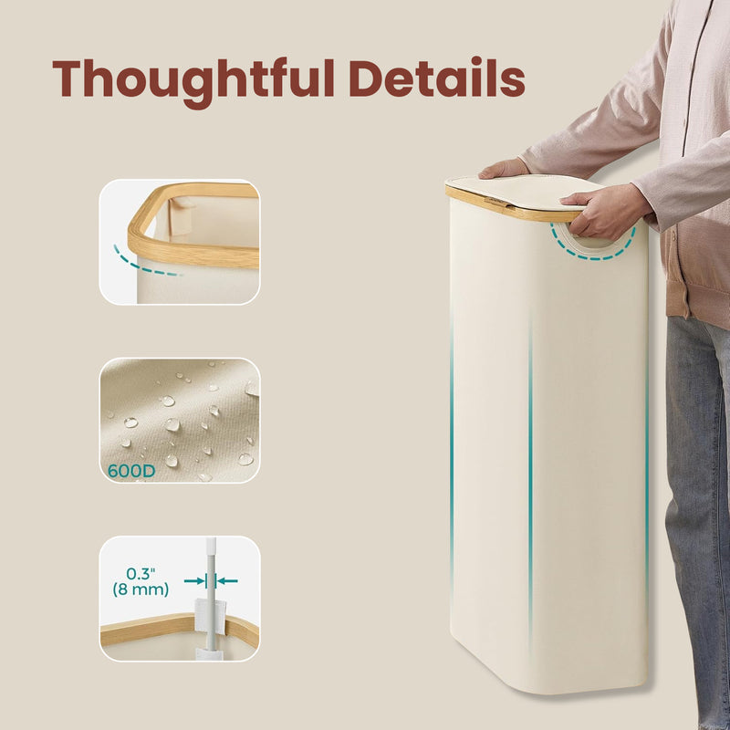 Slim 65L Laundry Basket with Lid Space Saving Hamper for Bathroom or Bedroom by Songmics