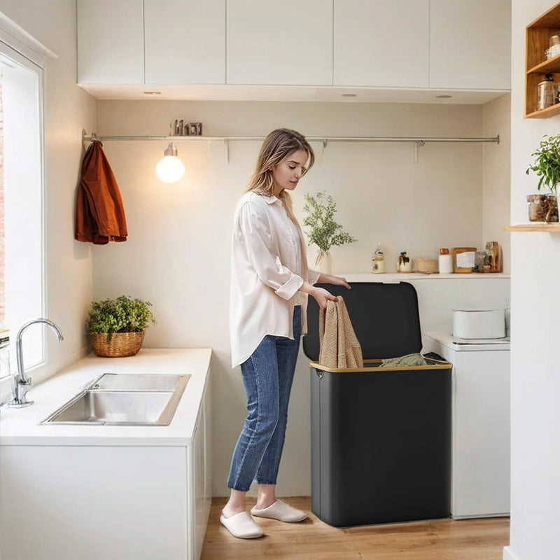 3 Section Large Laundry Basket with Lid 150L Foldable Hamper for Sorting Clothes by Songmics