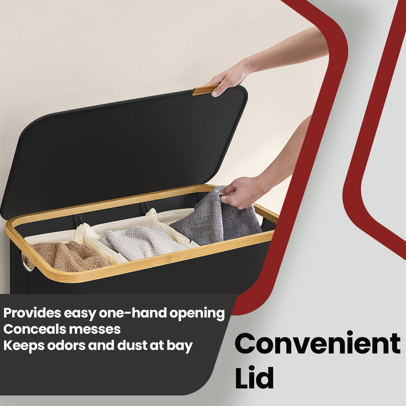 3 Section Large Laundry Basket with Lid 150L Foldable Hamper for Sorting Clothes by Songmics