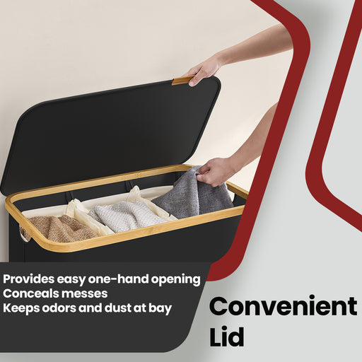 3 Section Large Laundry Basket with Lid 150L Foldable Hamper for Sorting Clothes by Songmics