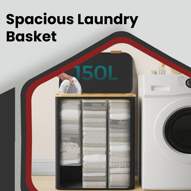 3 Section Large Laundry Basket with Lid 150L Foldable Hamper for Sorting Clothes by Songmics