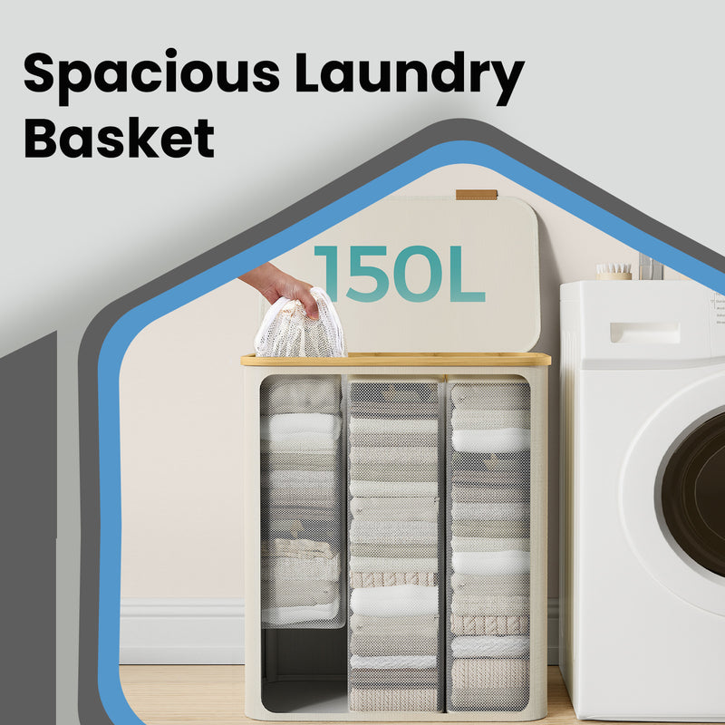 Large 3 Section Laundry Basket with Lid 150L for Organised Washing Storage by Songmics
