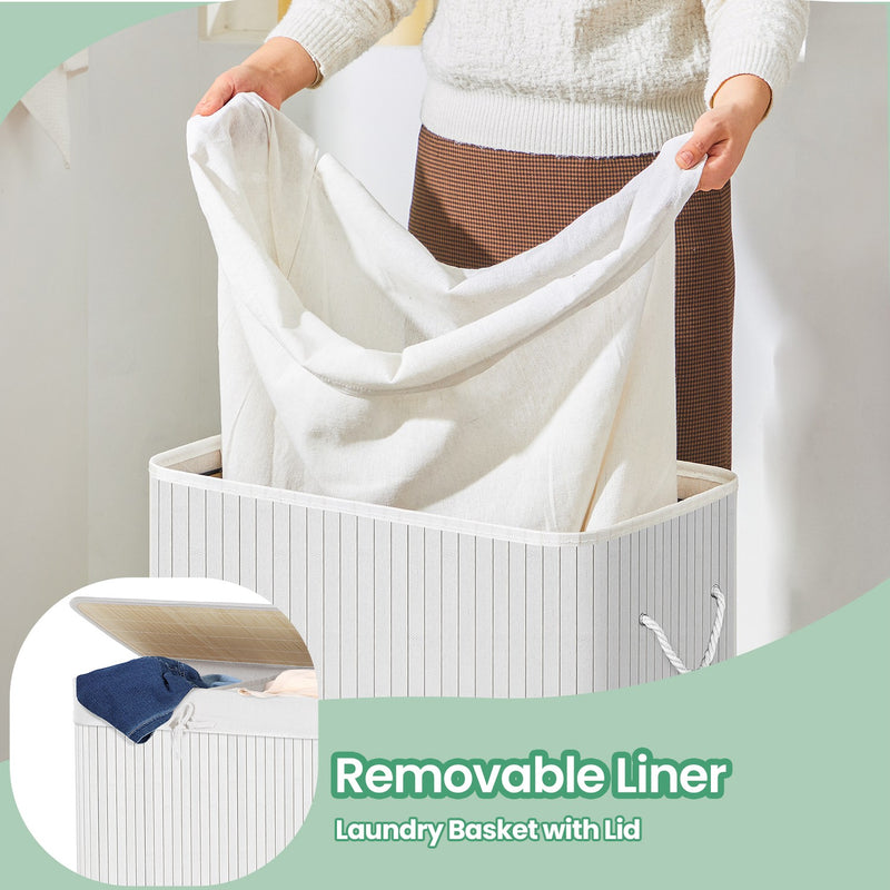 Bamboo Laundry Basket with Two Sorting Compartments and Removable Liner Bag by Songmics