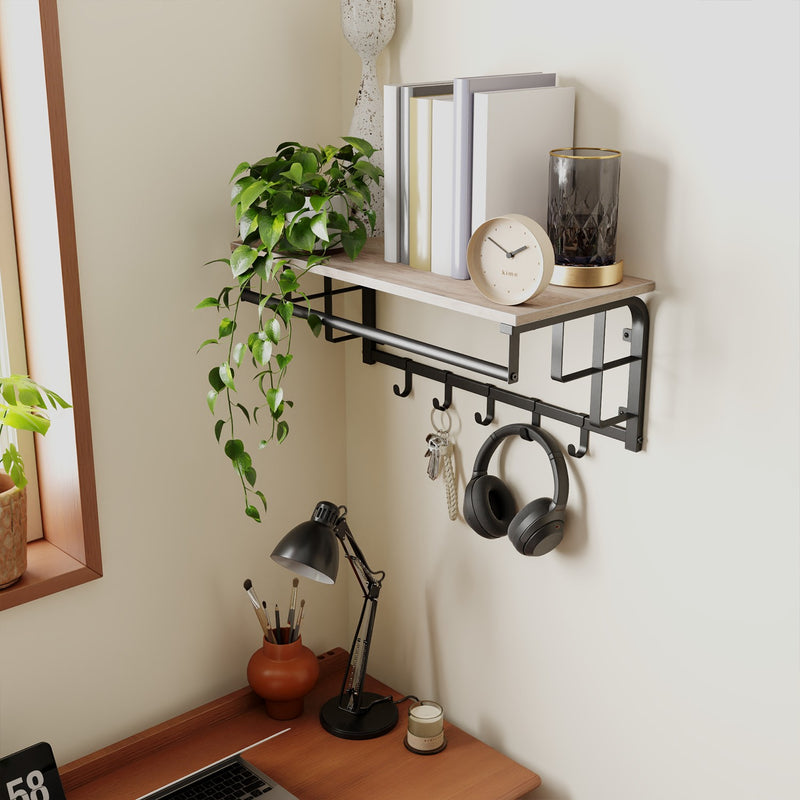 Wall Mounted Coat Rack with Shelf and 5 Removable Hooks for Hallway or Bedroom by Vasagle