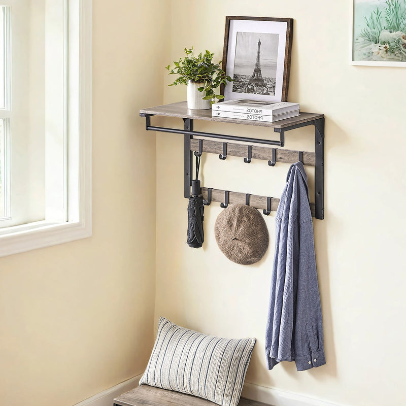 Wall Mounted Coat Rack with Shelf and 10 Removable Hooks for Hallway Storage by Vasagle