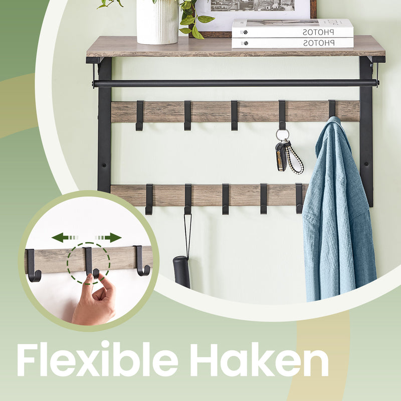 Wall Mounted Coat Rack with Shelf and 10 Removable Hooks for Hallway Storage by Vasagle