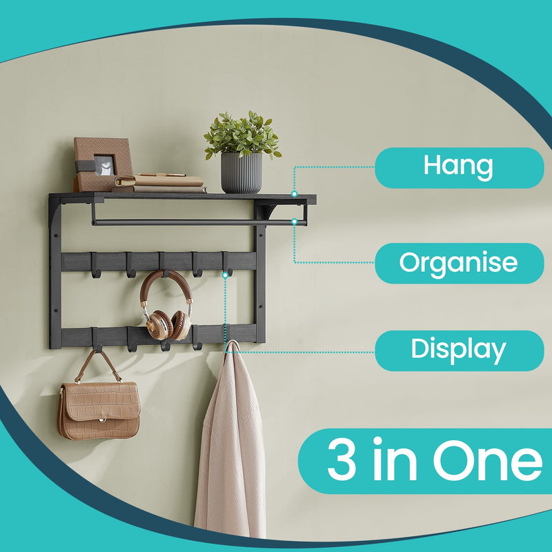 Wall Mounted Coat Rack and Shelf with 10 Removable Hooks and Hanging Rail by Vasagle