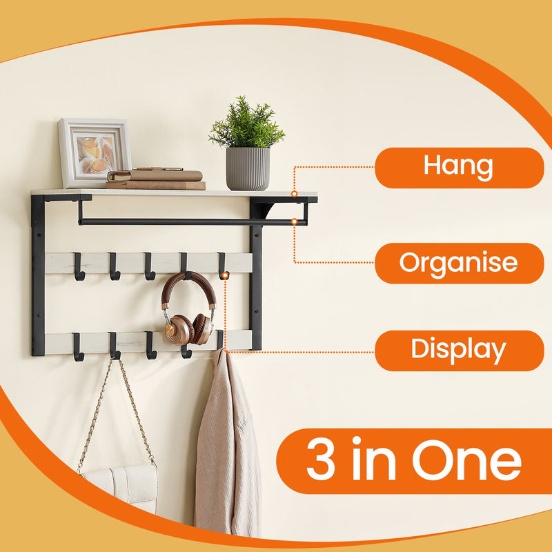 Wall Mounted Coat Rack with Shelf and 10 Removable Hooks for Hallway or Entryway by Vasagle