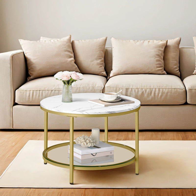 Round Coffee Table with Gold Frame and Marble Look Top, Storage Shelf for Living Room or Lounge by Vasagle