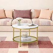 Round Coffee Table with Gold Frame and Marble Look Top, Storage Shelf for Living Room or Lounge by Vasagle