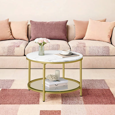 Round Coffee Table with Gold Frame and Marble Look Top, Storage Shelf for Living Room or Lounge by Vasagle