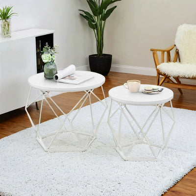 Small Round Coffee Table Set of 2 with Sturdy Steel Frame for Living Room by Vasagle