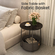 Round Side Table with Fabric Storage Basket for Living Room or Bedroom by Songmics
