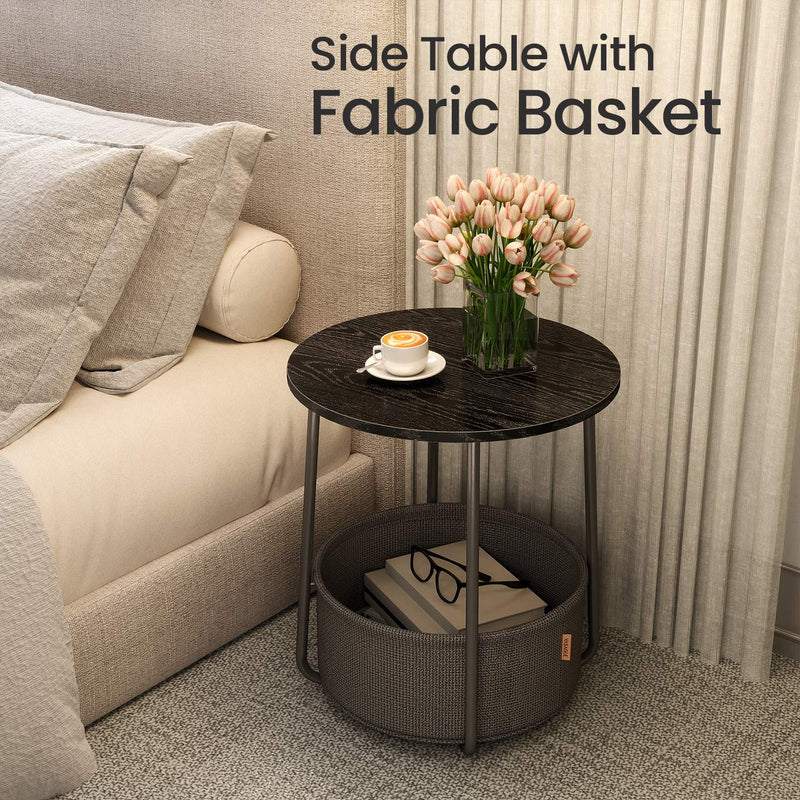 Round Side Table with Fabric Storage Basket for Living Room or Bedroom by Songmics