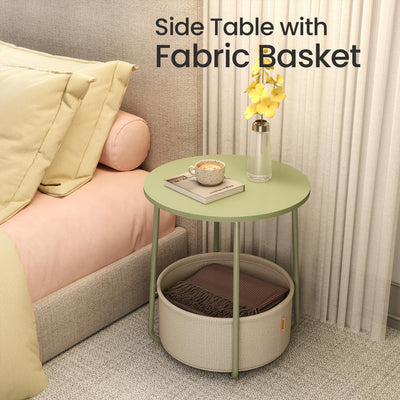Green Round Side Table with Fabric Storage Basket for Bedroom or Living Room by Songmics