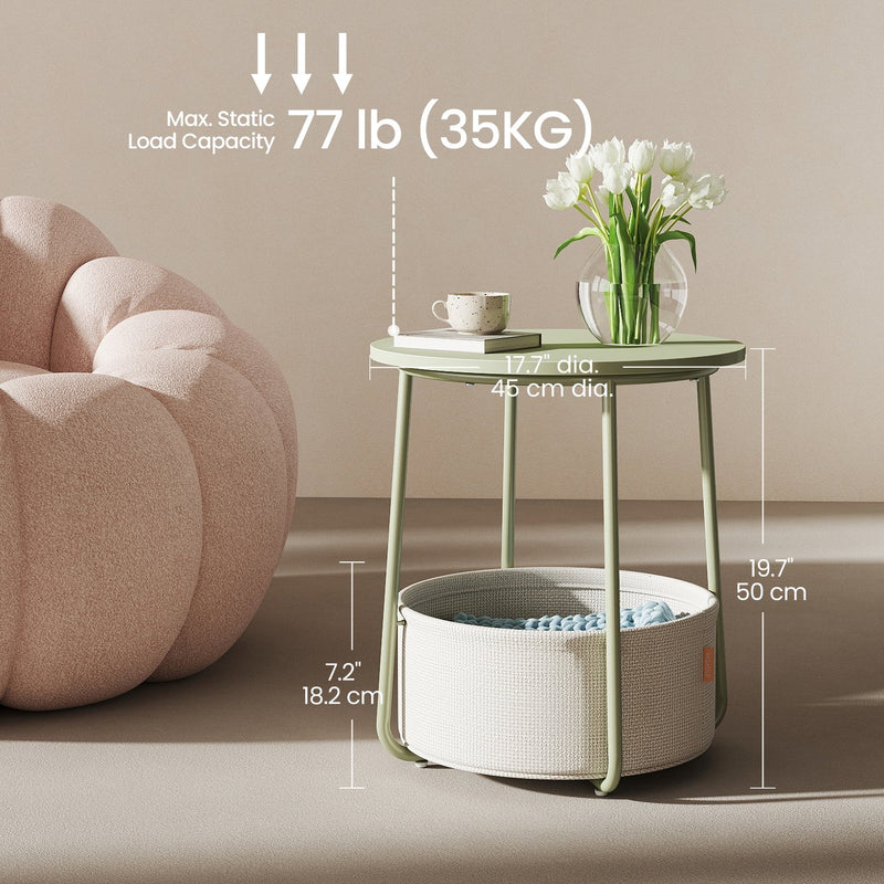 Green Round Side Table with Fabric Storage Basket for Bedroom or Living Room by Songmics