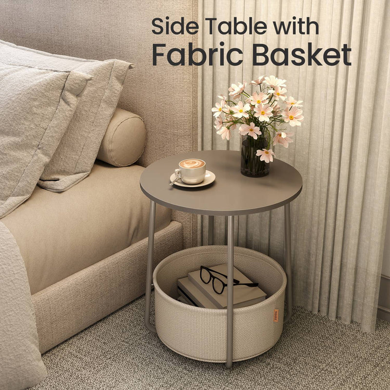 Round Side Table with Fabric Storage Basket for Living Room or Bedroom by Songmics