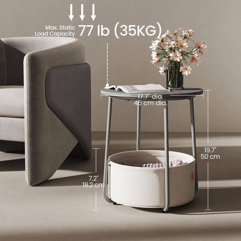 Round Side Table with Fabric Storage Basket for Living Room or Bedroom by Songmics