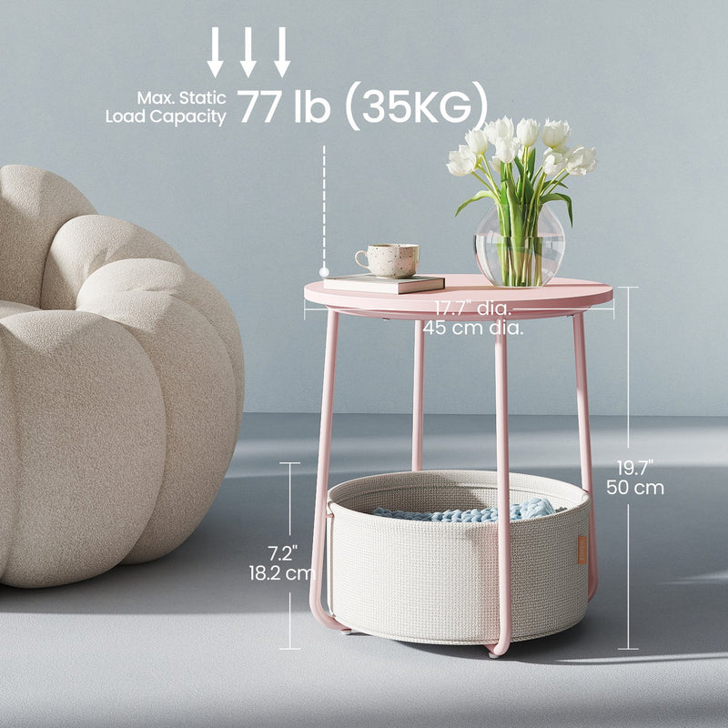 Round Side Table with Fabric Storage Basket for Living Room or Bedroom by Songmics