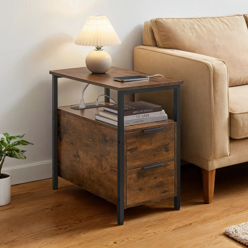 Slim Side Table with USB Charging Station and Storage Drawers for Bedroom by Vasagle