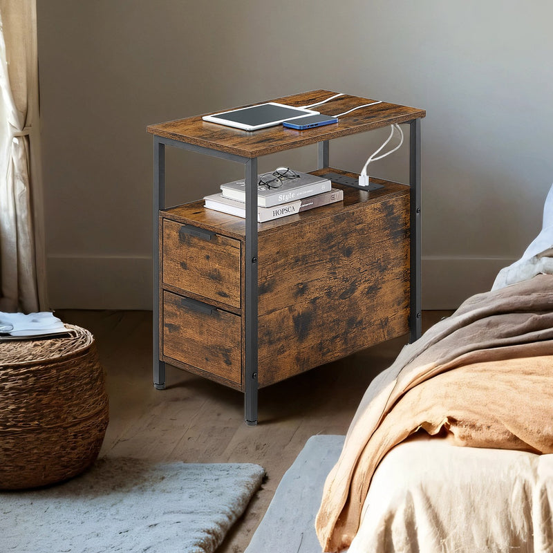 Slim Side Table with USB Charging Station and Storage Drawers for Bedroom by Vasagle