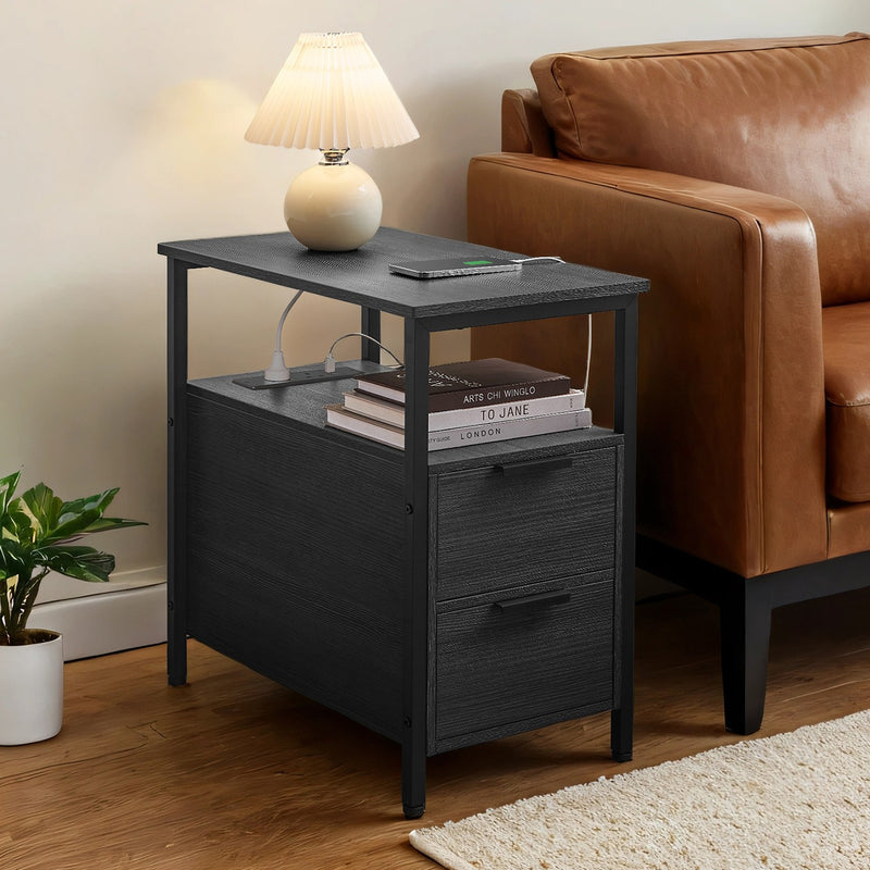Slim Side Table with Charging Station and Storage Drawers for Bedroom or Living Room by Vasagle