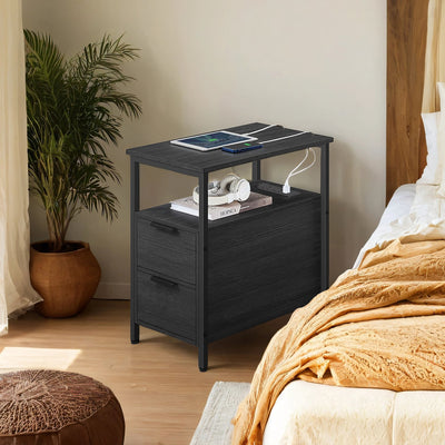 Slim Side Table with Charging Station and Storage Drawers for Bedroom or Living Room by Vasagle