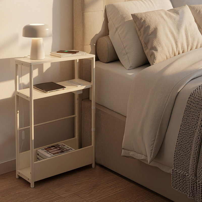 3-tier shelves on the Vasagle side table holding books and a remote